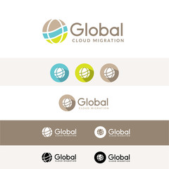 Data migration business branding kit, flat globe icon logo