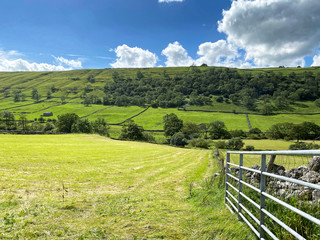 View from an open farm gate, of fields, meadows, trees and dry stone walls near, Buckden, Skipton, UK