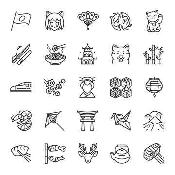 Japan, icon set. Japanese traditions, landmark, clothing, buildings, linear icons. Line with editable stroke