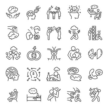 Psychology, icon set. Mind and behavior, linear icons. Group psychotherapy. Conscious and unconscious phenomena. Line with editable stroke