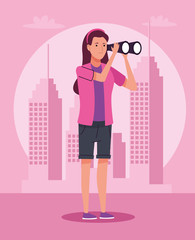 tourist woman standing with binoculars on the city character
