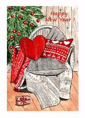 Christmas atmosphere, a chair against the background of a Christmas tree with beautiful pillows and knitted blankets. Suitable for Christmas cards, catalogs, leaflets, design. Watercolor illustration.
