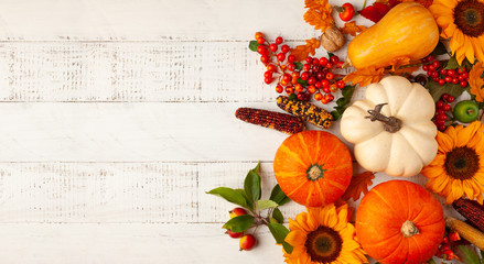 Autumn composition with pumpkins, sunflowers, leaves and berries on white wooden table. Flat lay, copy space. Concept of fall harvest or Thanksgiving day.
