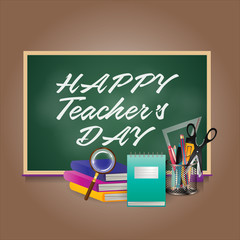 Teacher's day holiday greeting icon. Education knowledge day concept. Wooden chalk board frame and vase bouquet on table empty copy space.