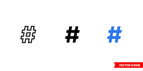 Hashtag icon of 3 types color, black and white, outline. Isolated vector sign symbol.