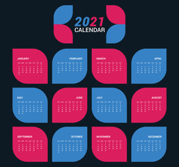 Modern Pocket calendar 2021 Years, One Page Calendar 2021, Set of 12 months. Week starts on Sunday. colorful black background.