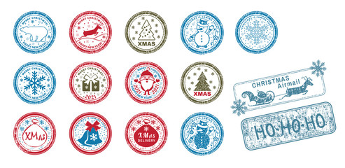 Set of vector stamps. Santa Claus full length, Christmas tree, gift and bells in snow.