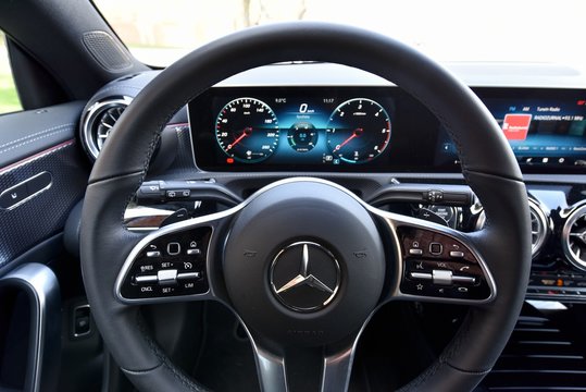 Mercedes-Benz CLA 220d. Interior - steering wheel. 04-15-2020, Middle Bohemia, Czech Republic.