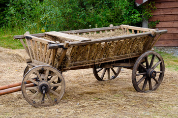 Fototapeta na wymiar Old wooden cart with four wheels on straw against the background of a green forest.