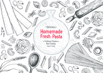 Italian pasta top view frame. Hand drawn vector illustration. Collection of pasta different types. Italian food design template. Engraved sketch style.