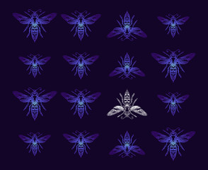 Hand-drawn decorative bees on a dark blue background. Botanical design. Perfect for postcards, banners, business cards, invitations. EPS 10