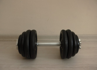 The Dumbbell Stands On The Parquet Floor, Total Weight 19Kg