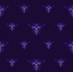 Seamless pattern of hand-Drawn decorative bees on a dark blue background. Botanical design. Perfect for postcards, banners, business cards, invitations. EPS 10