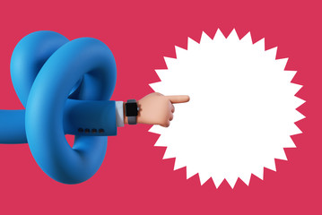 3d render, funny cartoon character knotted hand pointing finger with blank price tag, best offer recommendation concept. Commercial clip art isolated on red background