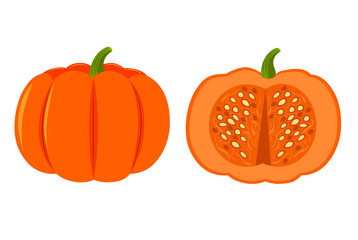 Orange pumpkin, whole and half. Pumpkin isolated on a white background. Stock vector illustration. Illustration for the holiday Halloween and Thanksgiving.