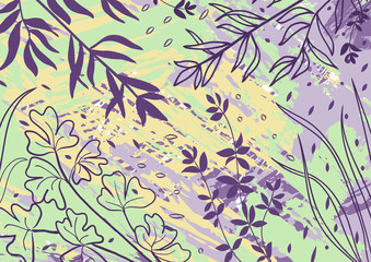 Hand drawn texture with leaves, branch and plants. Abstract natural elements in trendy doodle style for holiday. Contemporary modern trendy vector banner, background, template, greeting card.