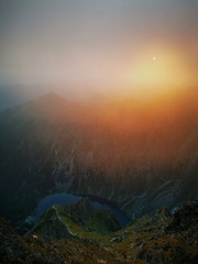 Violet sunrise over the Polish mountains. Tatra Mountains Poland.