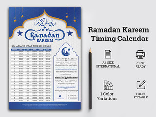 Ramadan Kareem Timing Calendar, Iftar & Sheri, Iftar & Sheri Calendar. Arabic Calendar. Ramadan Kareem