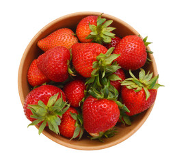 wood bowl with strawberries isolated on white background