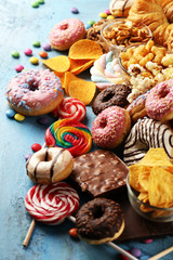 Unhealthy products. food bad for figure, skin, heart and teeth.