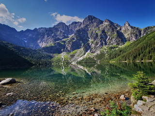 Naklejka na ściany i meble Morskie Oko has a view. Summer in the Tatras, holidays in the mountains. Poland Tatry.