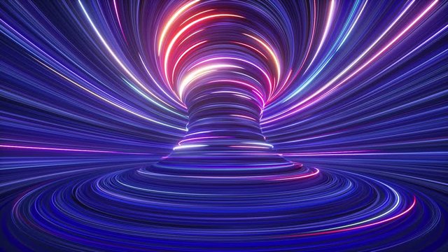 3d abstract futuristic neon background with spinning glowing lines, speed of light, ultra violet rays, twisted electromagnetic vortex. Looping seamless animation