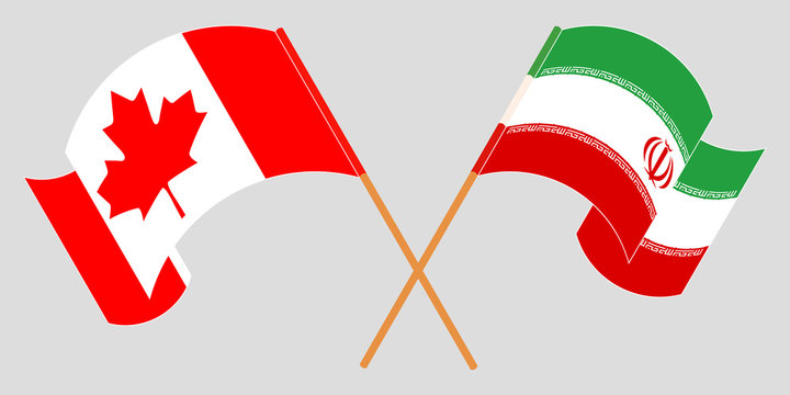 Crossed and waving flags of Iran and Canada