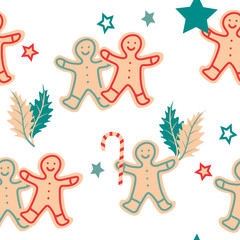 Fototapeta premium Christmas seamless pattern with gingerbread figures, leaves and candy on transparent background. Simple winter elements. Holiday invitations, winter greeting, wallpaper and gift paper. 