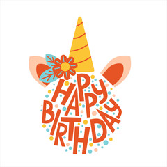 Birthday lettering with unicorn and flower elements. Design for printing greeting cards in red letters. Vector illustration hand-drawing.