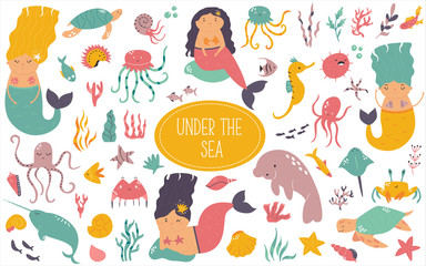 Big colorful set of sea animals and cute mermaids for your designs
