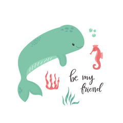 Cute whale and seahorse poster. Nursery art print