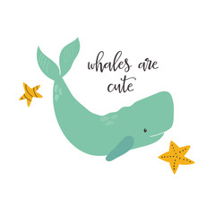 Sweet design with cute whale and starfish. Nursery art print