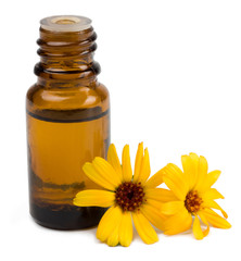 Oil and calendula flowers isolated on white