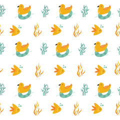 Seamless pattern with cheerful seagulls and fishes. Vector illustration