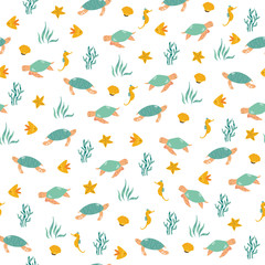 Seamless pattern with cheerful turtles and sea animals. Vector illustration