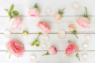 Pink roses on white vintage boards, top view