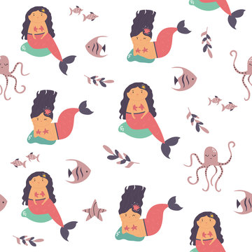 Seamless pattern with cute mermaids and sea animals. Vector illustration