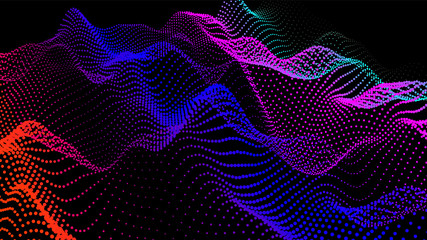 Digital landscape with flowing particles. Cyber or technology background.Vector illustration.geometric structure circles