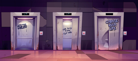 Old dirty hallway with open and closed elevator doors. Vector cartoon illustration of empty lobby interior with broken lifts and graffiti on wall. Messy hall in house in ghetto area © klyaksun