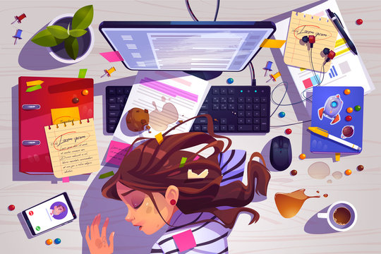 Woman sleep on workplace top view, tired girl lying on messy office desk with rubbish, spilled coffee and documents near computer. Working burnout, student prepare to exam, Cartoon vector illustration
