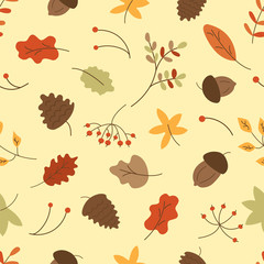 Seamless pattern with autumn leaves, rowan, acorns vector