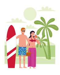 young couple wearing swimsuits with cocktail and surfboard on the beach