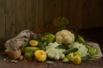 
Healthy organic vegetables on wooden background