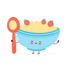 Naklejka premium Cute happy bowl of oatmeal porridge with spoon