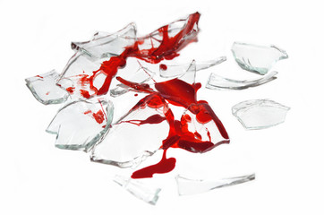 broken glass shards with blood on white background