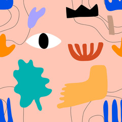 Сute seamless pattern hand drawn shapes. Different doodle elements and objects. Abstract contemporary colorful various leg, rainbow, evil eye other. Modern cartoon vector illustration isolated on pink