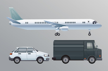 white airplane and car with van transport vehicles