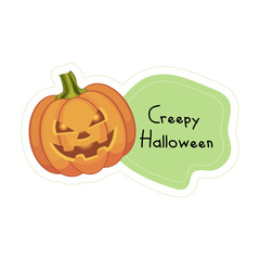 Cartoon Creepy Halloween pumpkin sticker. Vector illustration.