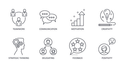 Leadership icons. Editable stroke vector icon set stock. Teamwork creativity motivation communication. Delegation strategic thinking, feedback positivity symbols