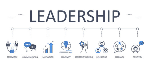 Leadership web banner. Editable stroke vector stock icons. Teamwork creativity motivation communication. Delegation strategic thinking, feedback positivity symbols